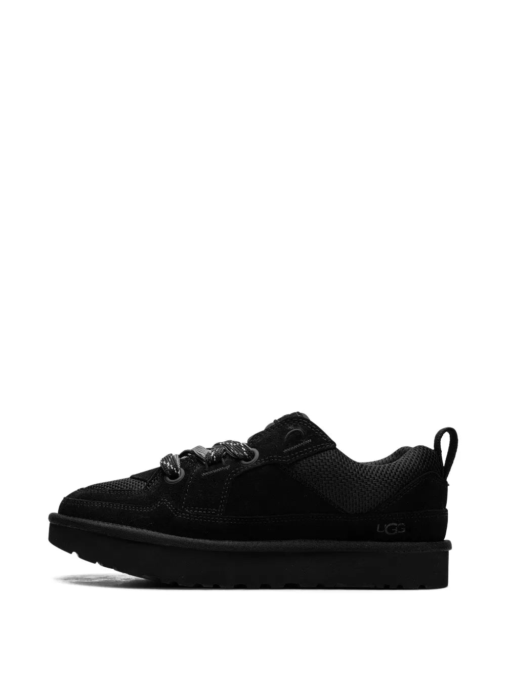 Black low-top lace-up sneaker with chunky rubber sole and woven upper