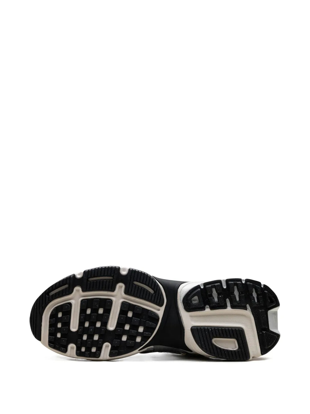 Light gray running sneaker outsole view with tread pattern and black heel cap