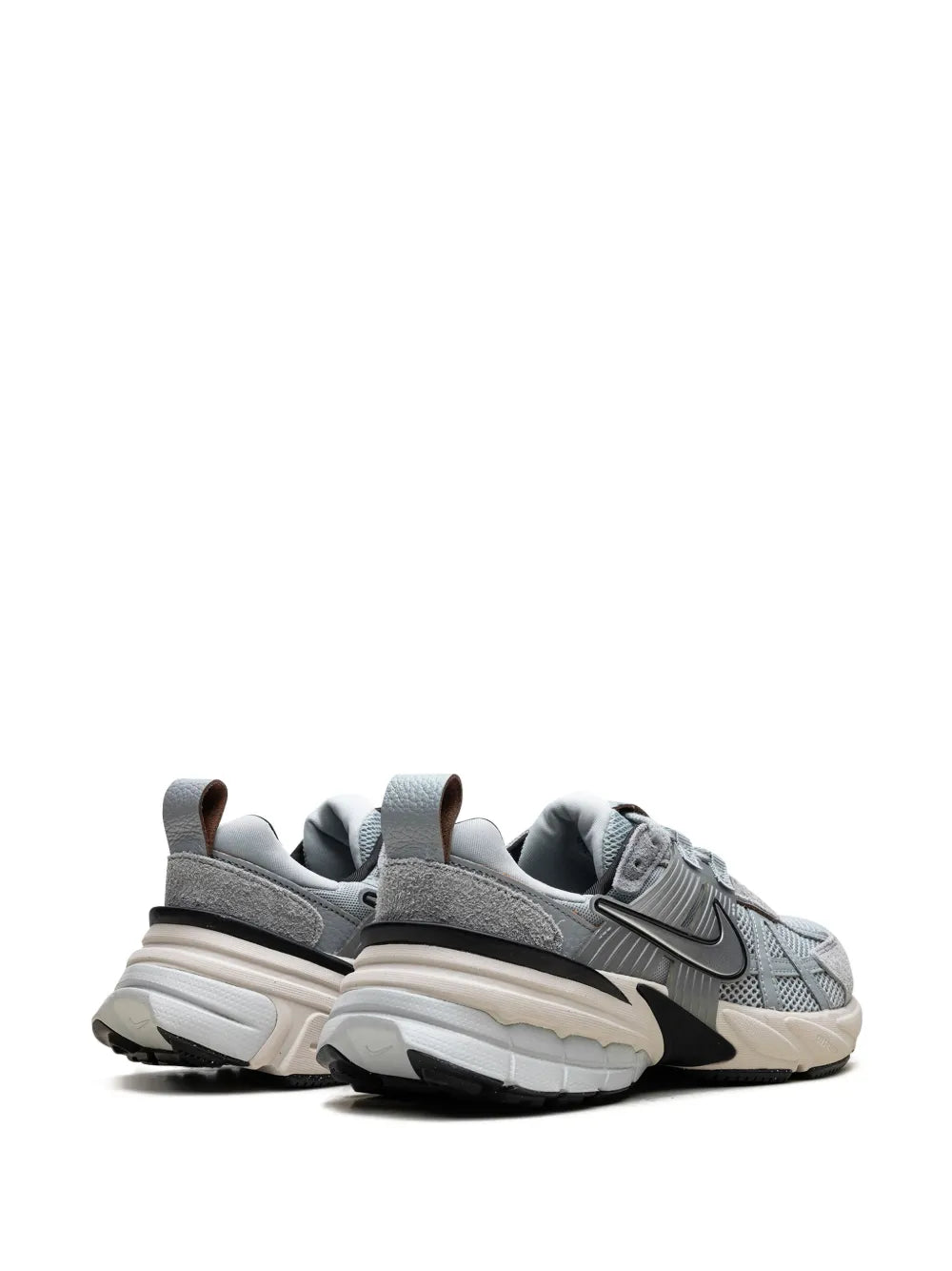 Light gray running sneaker heel and side view with black accents and cushioned sole