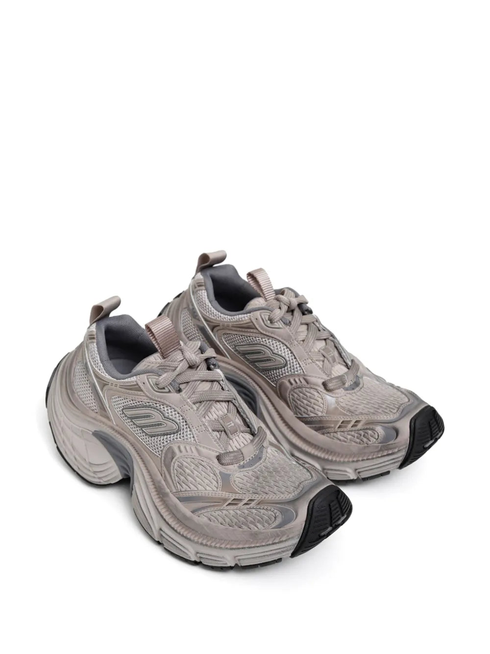 Balenciaga 6XL taupe grey sneakers, side view with patterned uppers and black trim