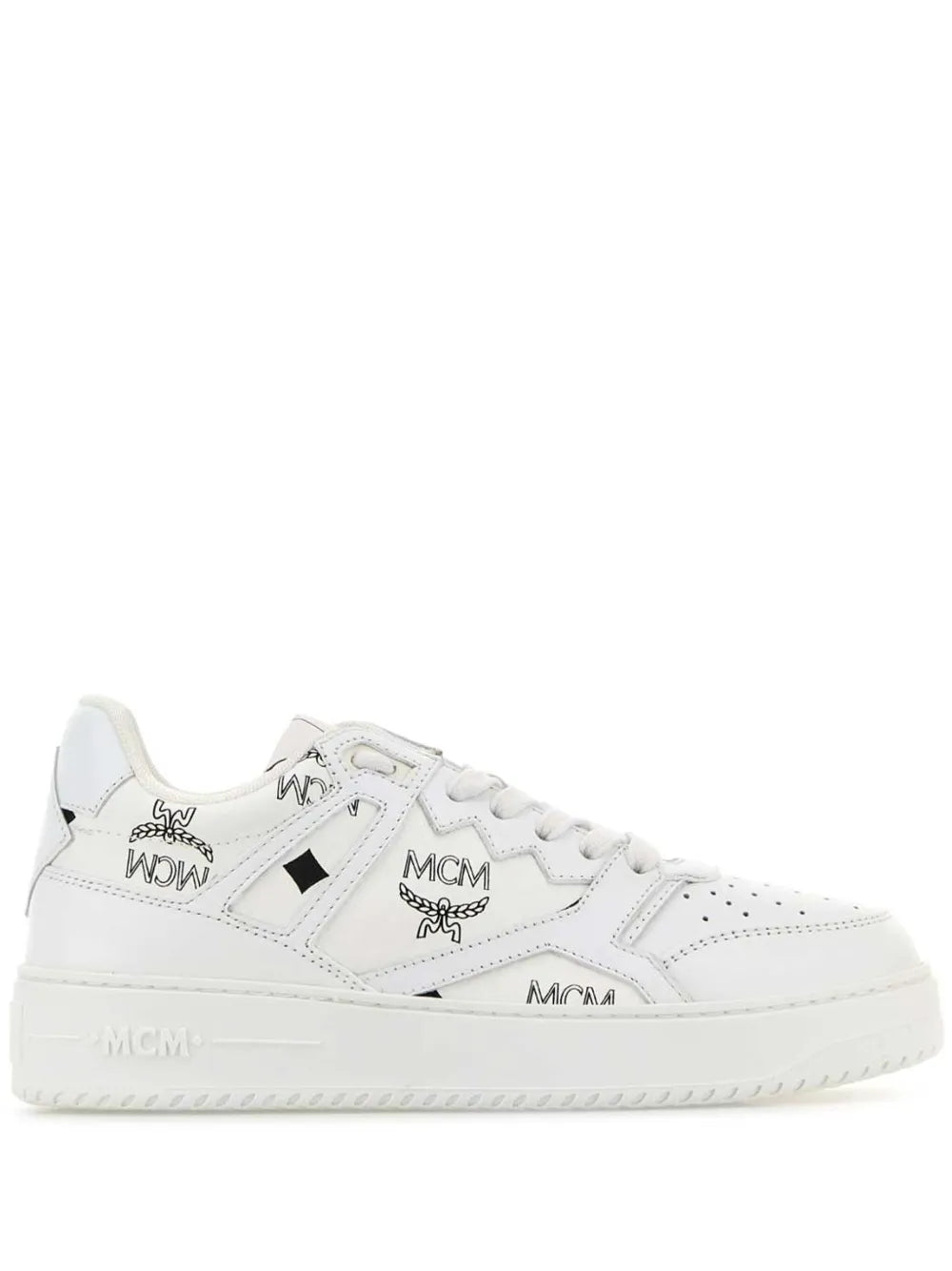 White low-top lace-up sneakers with MCM logo, perforated toe and contrast panels