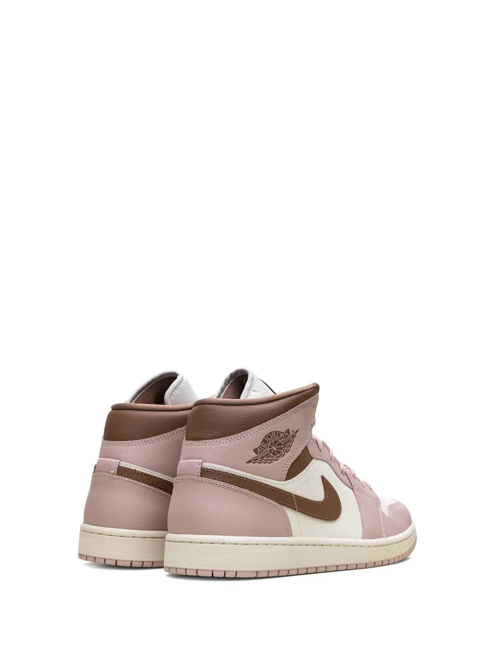 Nike Jordan 1 Mid sneakers heel view, pink leather with brown collar and white swoosh