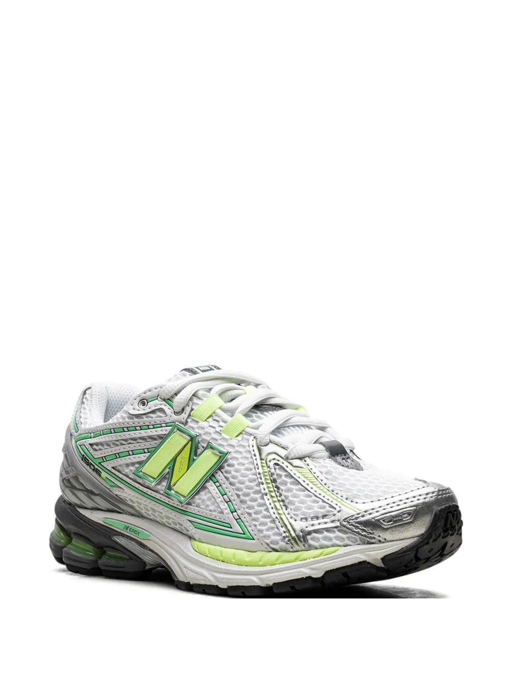 White and neon green running sneakers, 3/4 view, lace-up with mesh-like panels.