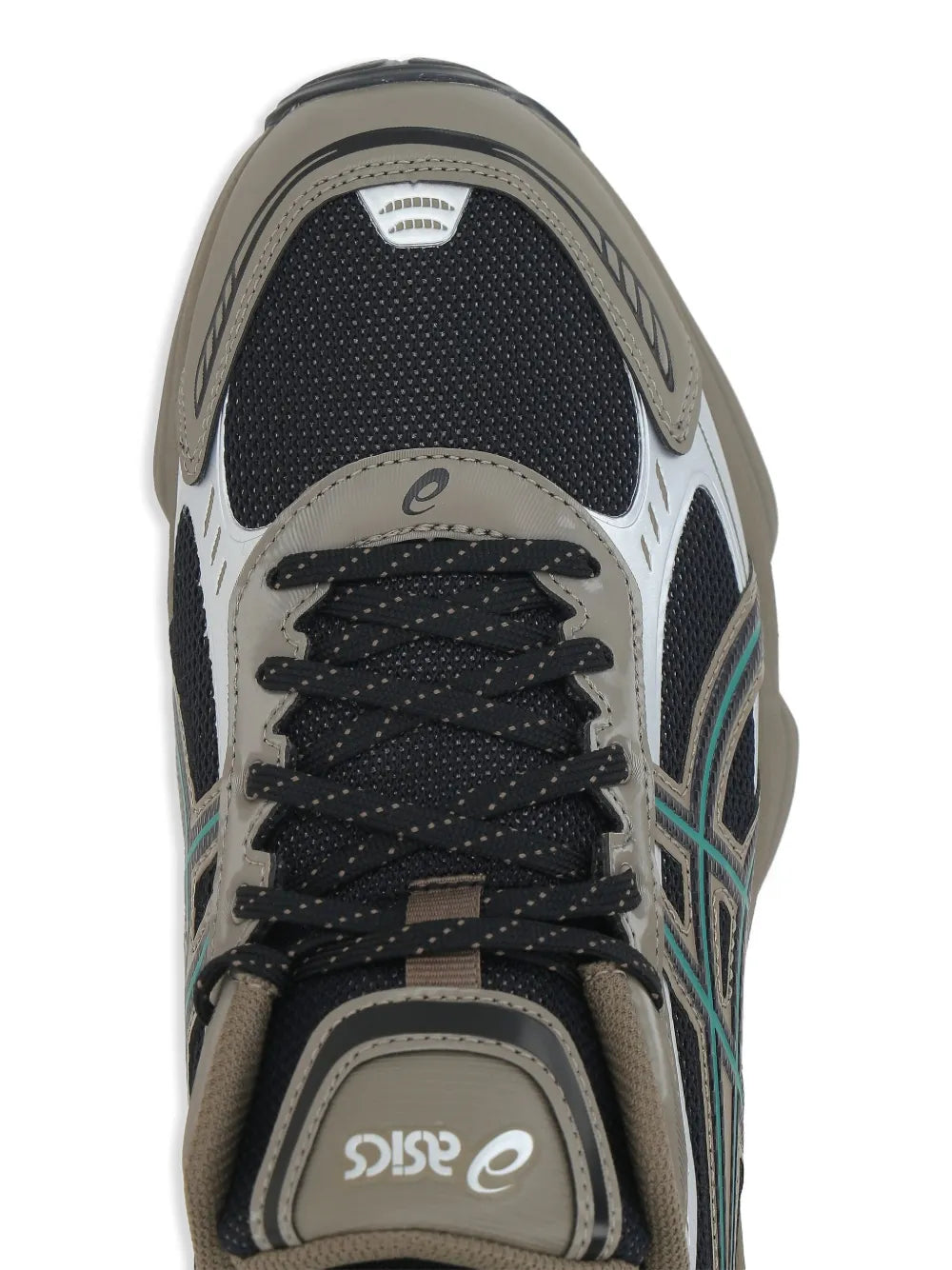 Front lace-up sneakers with dark mesh panels, dark gray overlays, teal trim, padded collar