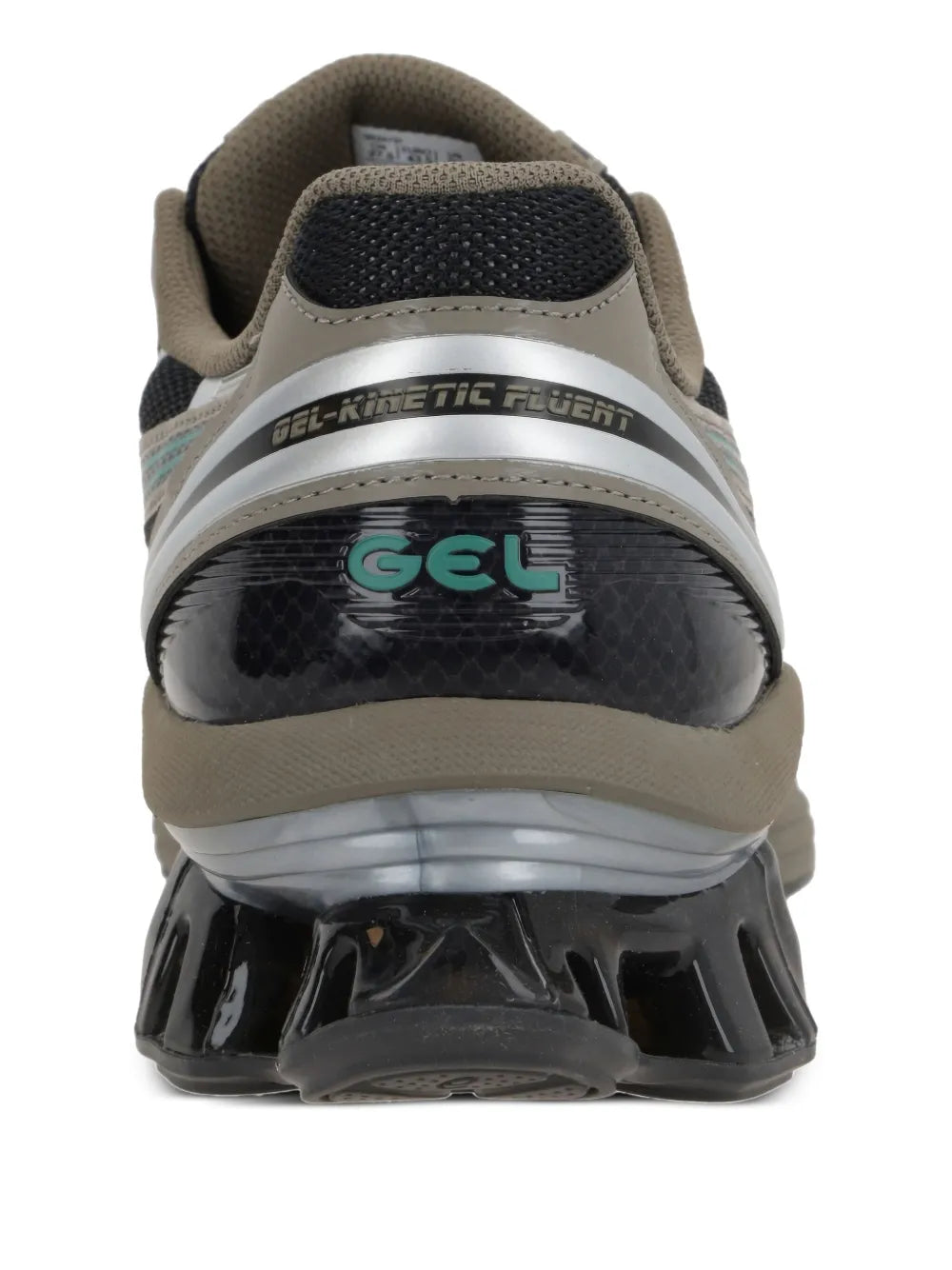 Back view sneakers with GEL heel logo, dark gray upper, teal accents, black outsole