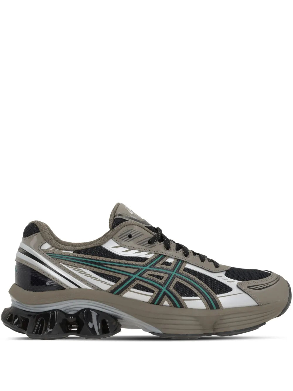 Asics Gel-Kinetic Fluent sneakers in dark gray with black laces and teal accents