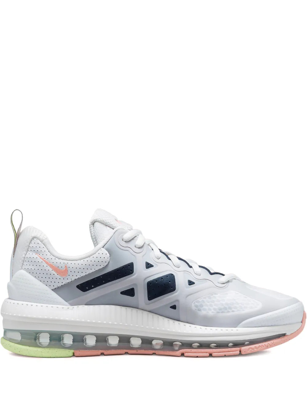White Nike Air Max Genome sneakers, orange swoosh, blue accents, visible air sole