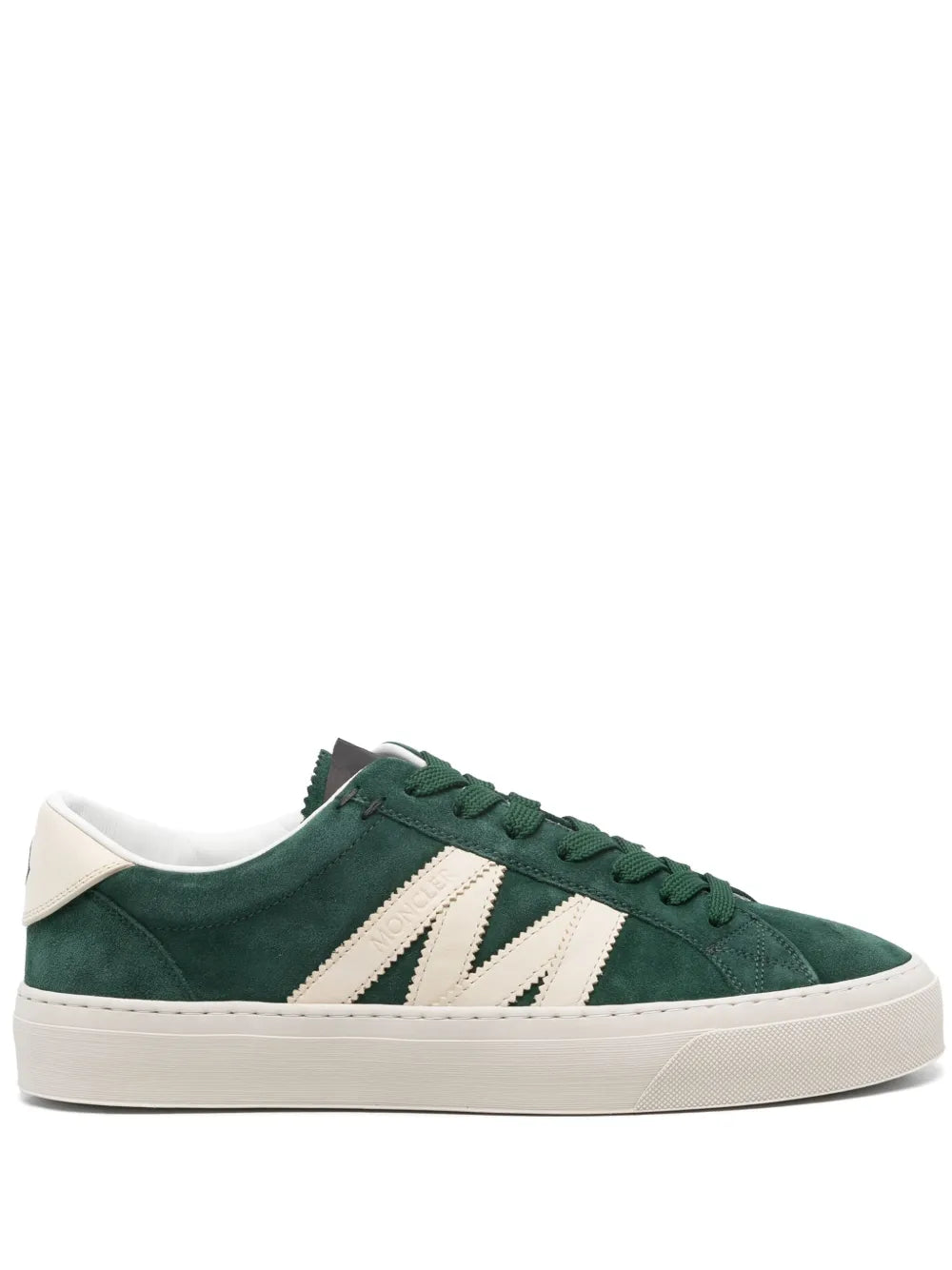 Moncler Monaco2 forest green suede sneakers with white three-stripe side panels