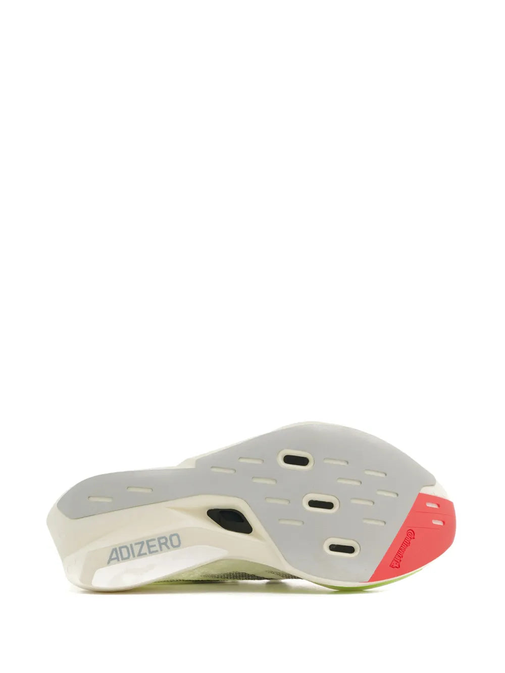 White running shoe outsole view with molded tread and red ADIZERO branding