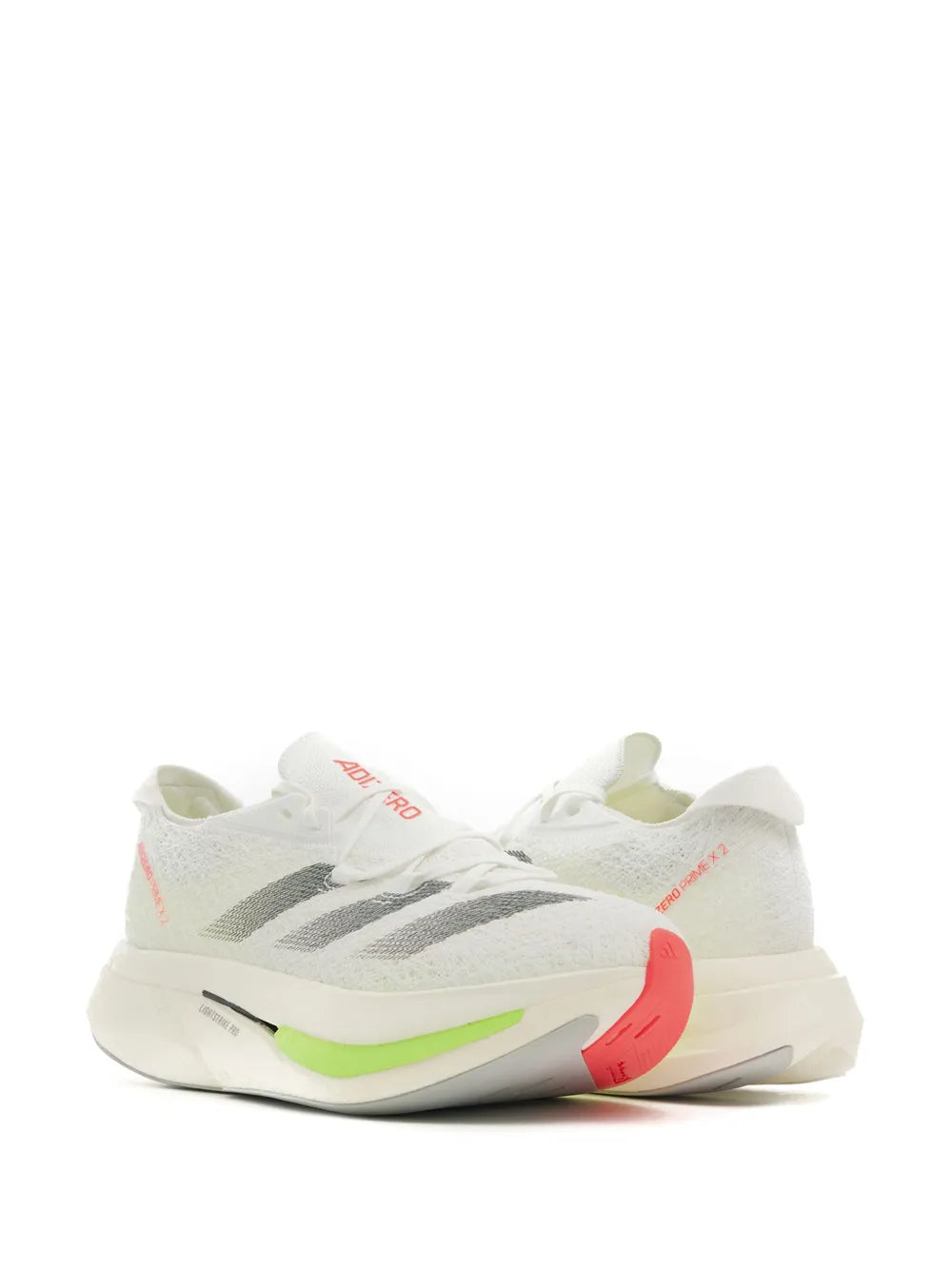 White running shoe, side view, gray stripes, neon green midsole, red heel panel