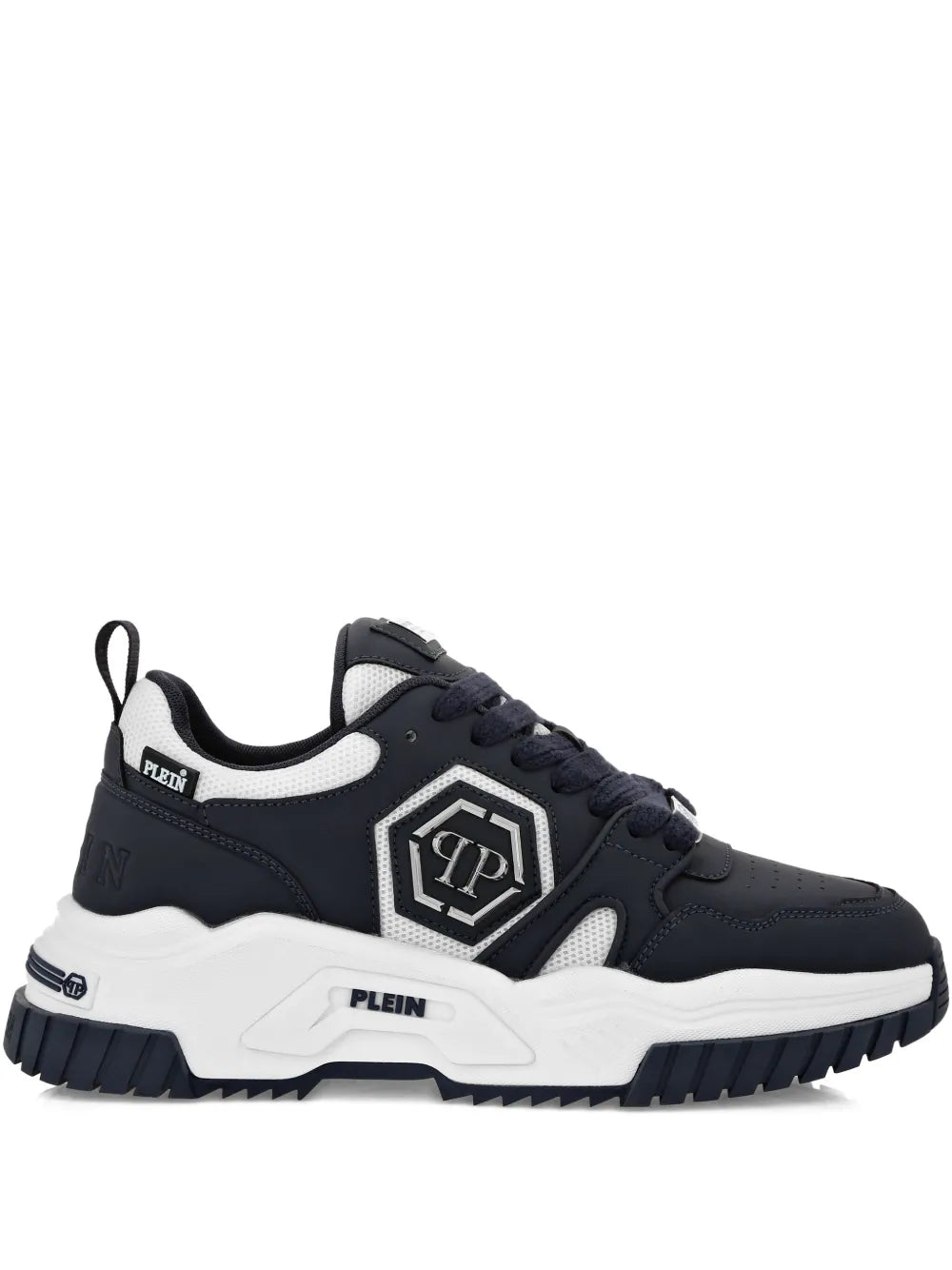 Men's athletic sneaker in dark navy with white accents, lace-up, logo emblem on side