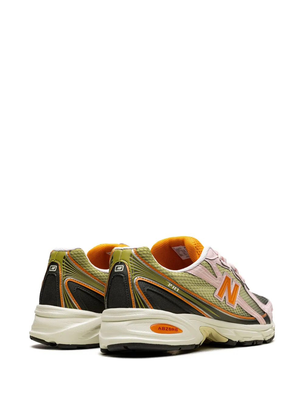 New Balance 740 sneakers, pair view: green and pink uppers with black heel and orange branding