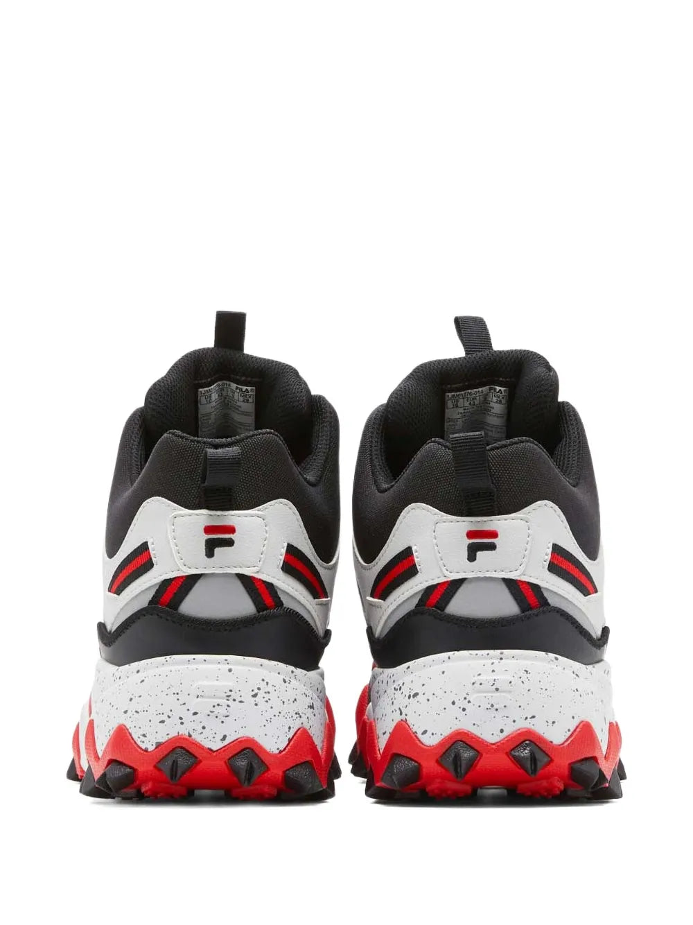 Black mid-top trail sneakers with white heel panels, red accents, and thick tread sole.