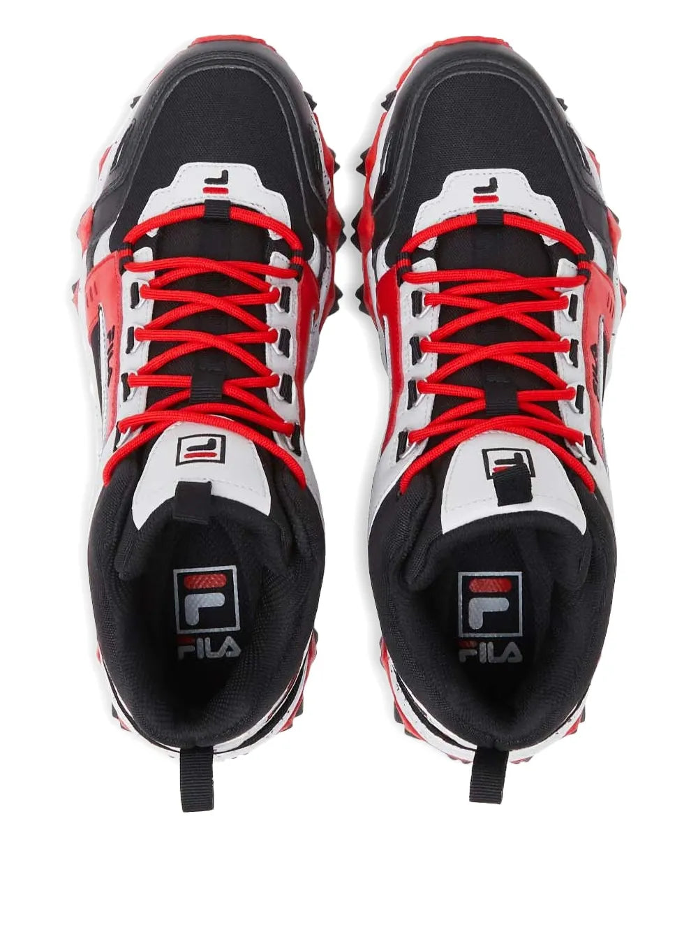 Black mid-top sneakers with red lace-up front, white side panels, and Fila logo branding.