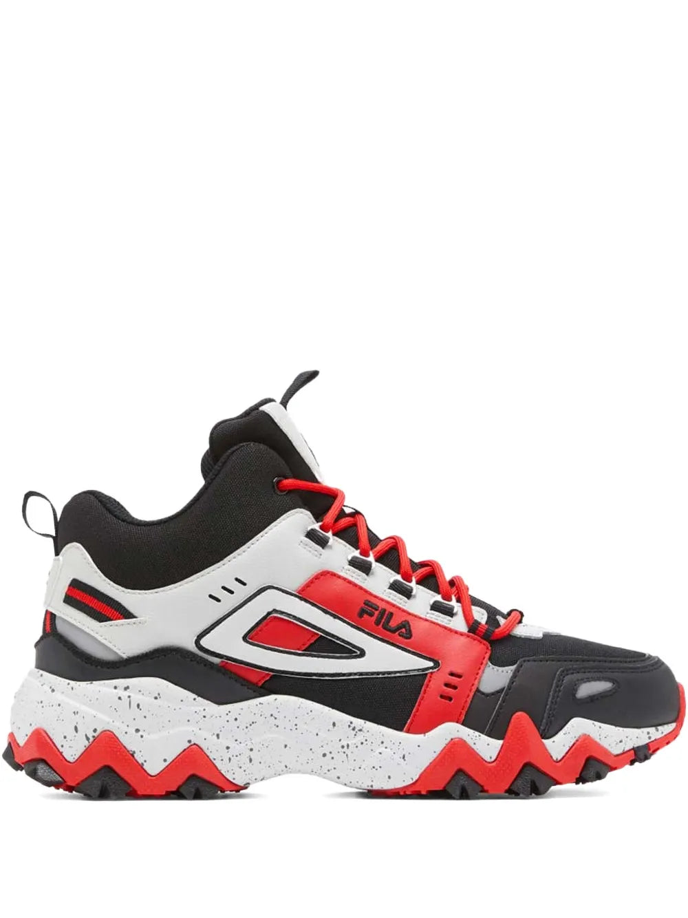 Black, white and red mid-top trail sneakers with red laces and gray speckled sole.