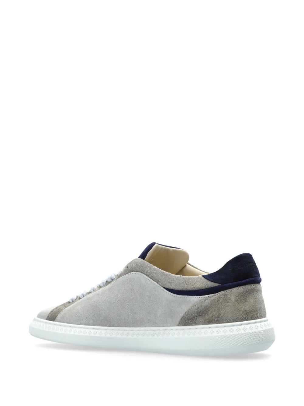 Givenchy leather sneakers, grey suede with navy heel tab; side profile view