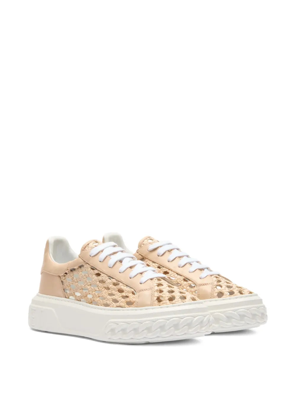Casadei beige platform sneakers, side view with braided mesh panels and white laces