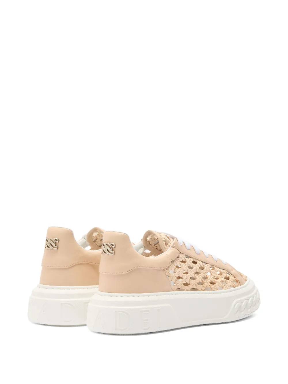 Casadei beige platform sneakers, back quarter view with cushioned collar and white laces