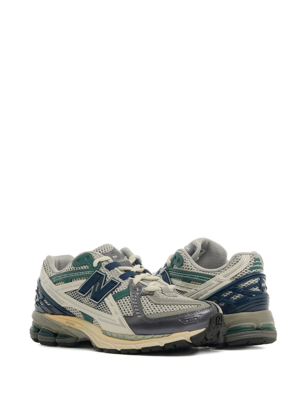 1906 running sneaker pair, gray perforated upper with blue and green details