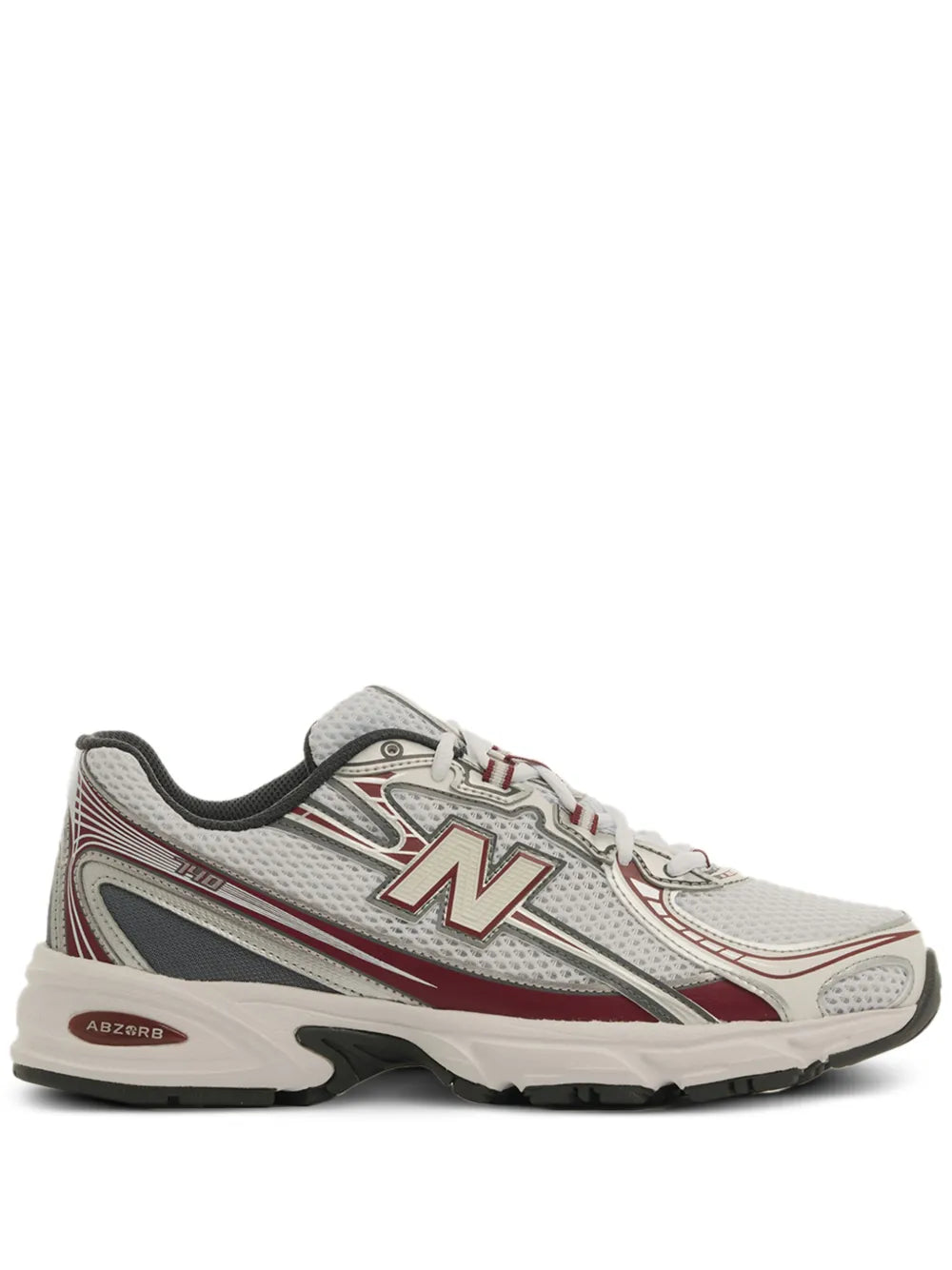 White/gray New Balance 740 sneaker with red accents, N logo, ABZORB heel