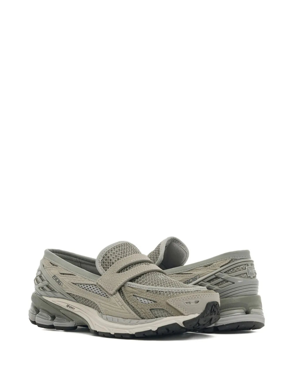 New Balance gray mesh slip-on trainers, angled front view with strap detail
