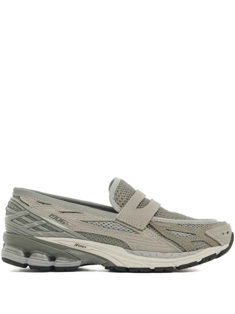 New Balance gray mesh slip-on trainers with adjustable strap, side view