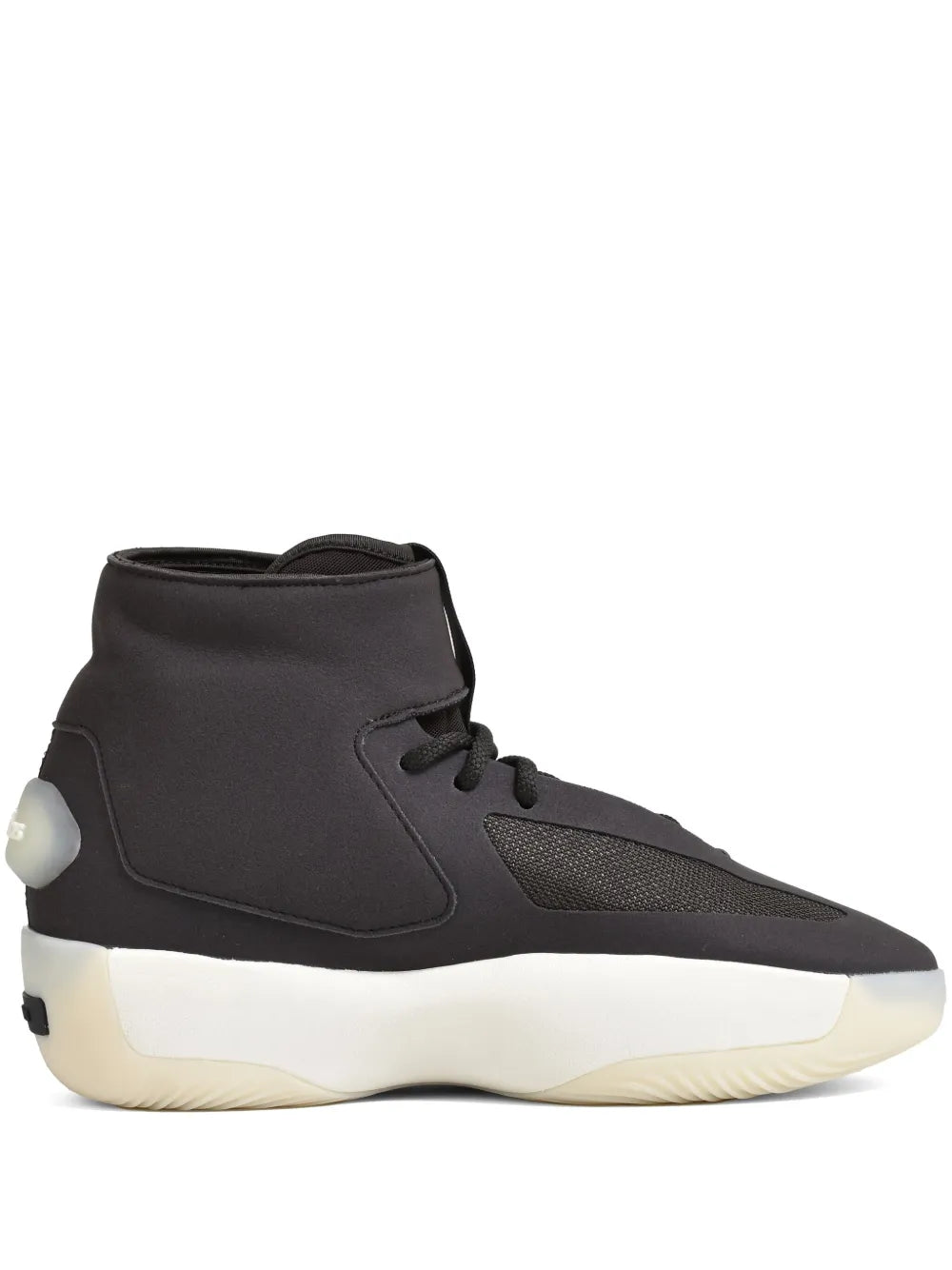 Black adidas mid-top basketball sneakers with white sole and heel cushioning
