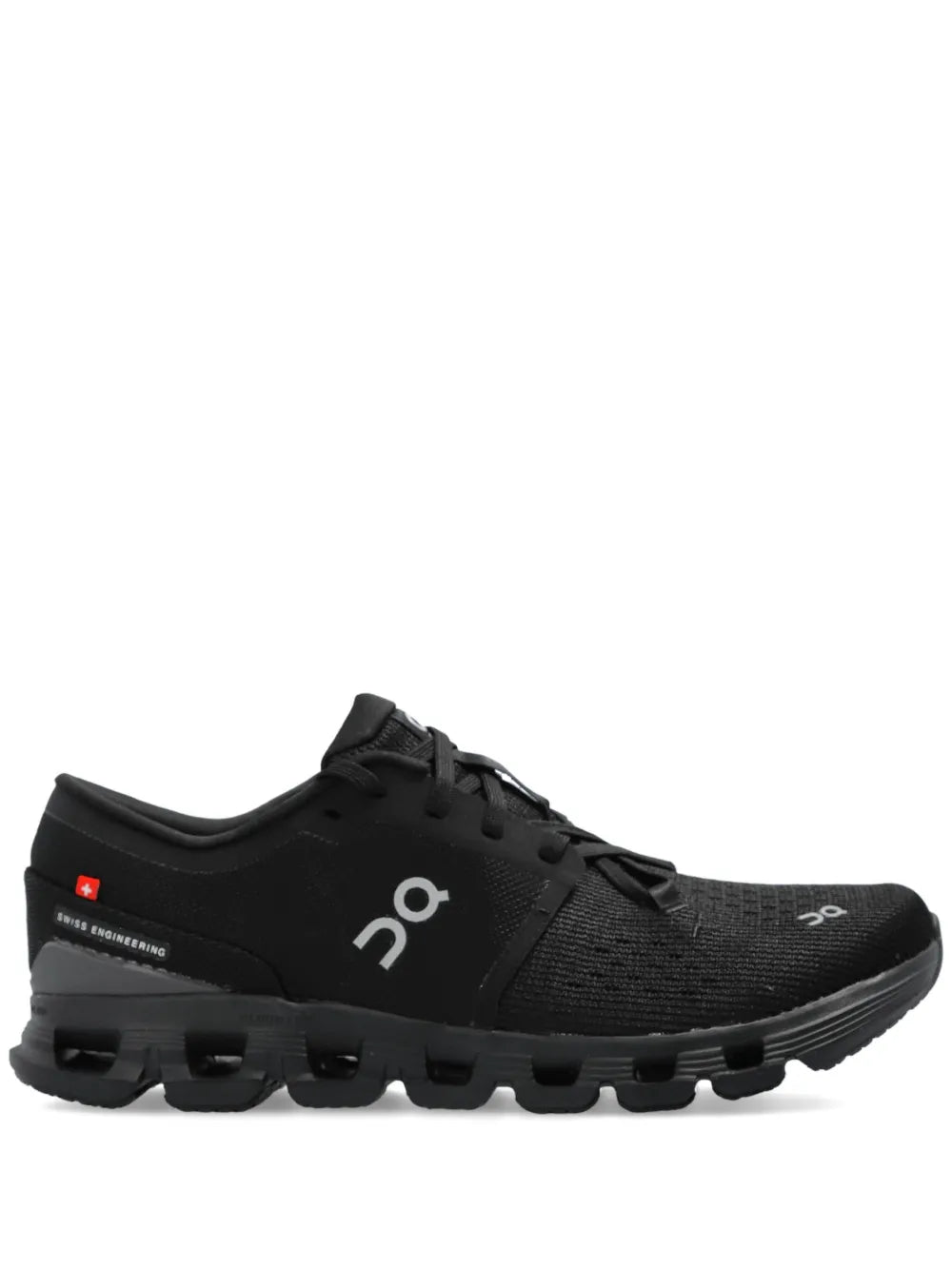 Black lace-up running shoe with knit upper, On logo, and pod cloud-style outsole