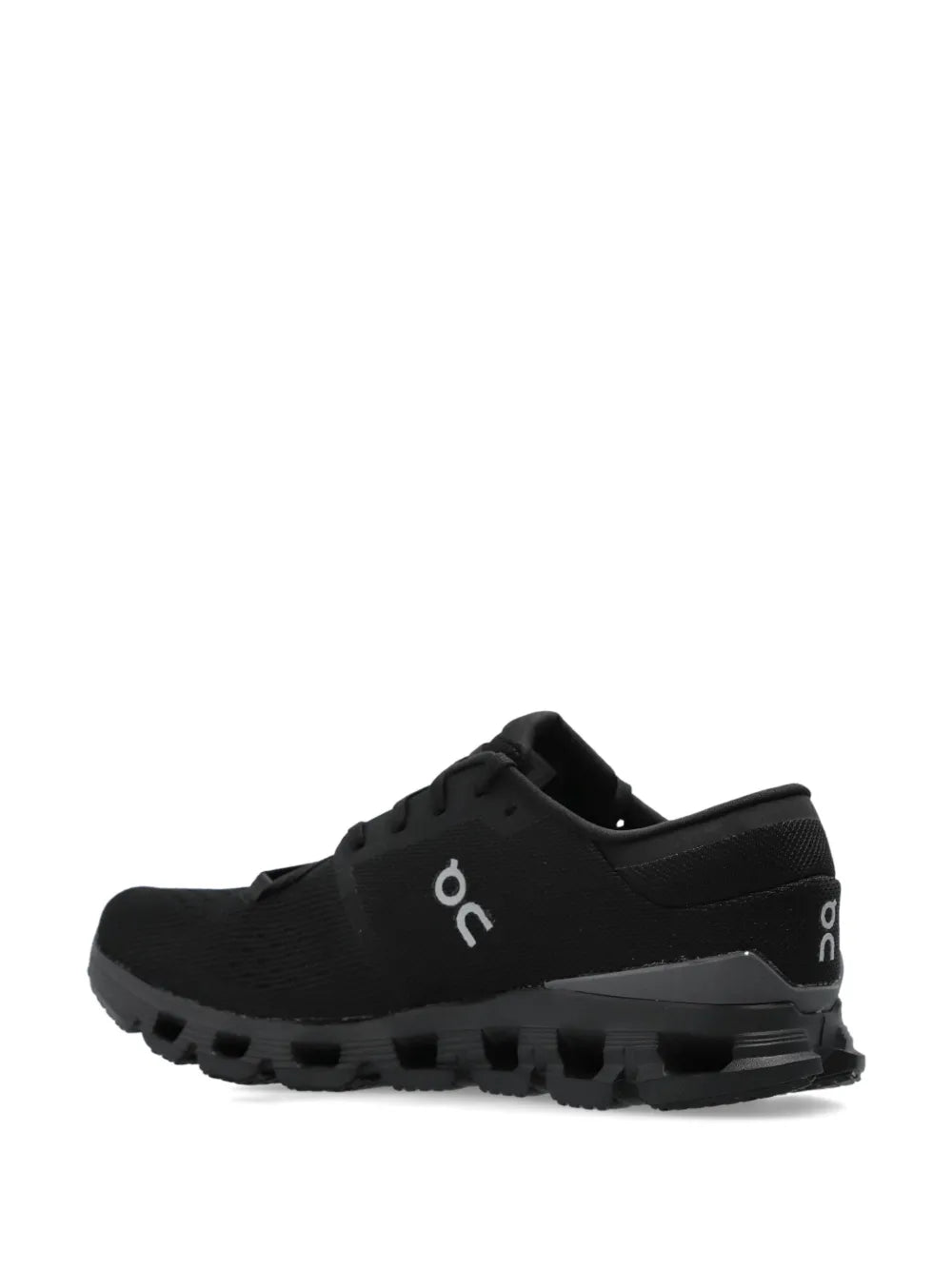 Black lace-up running sneaker, heel and side view with On logo and pod outsole