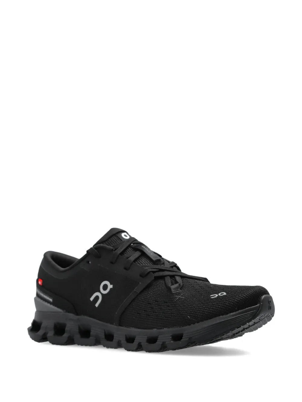 Black running shoe side view, knit upper with On logo and pod cloud-style sole