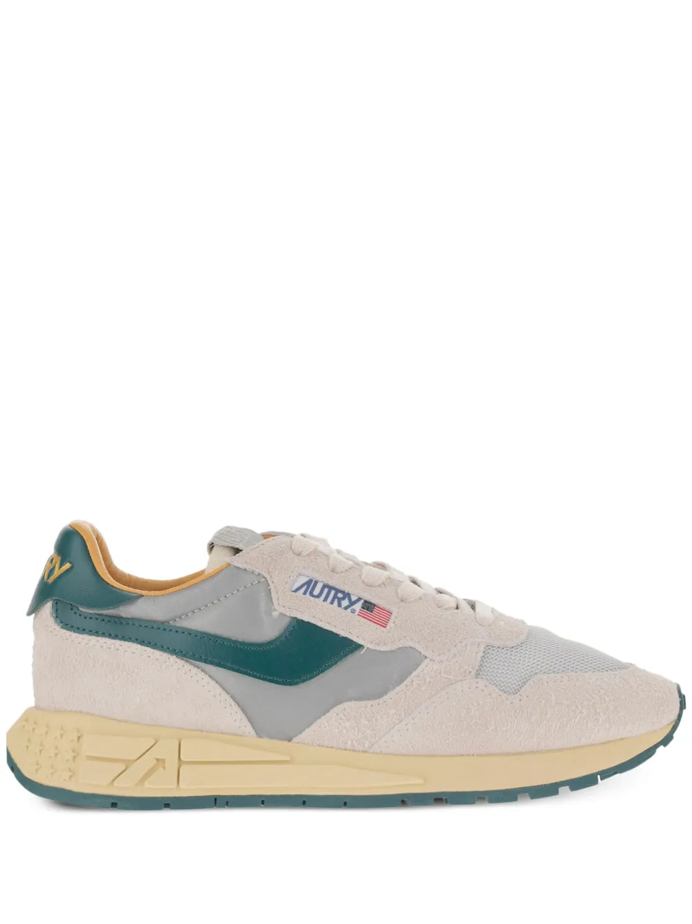 Autry low-top sneakers in light beige and gray with green swoosh, lace-up, gum sole