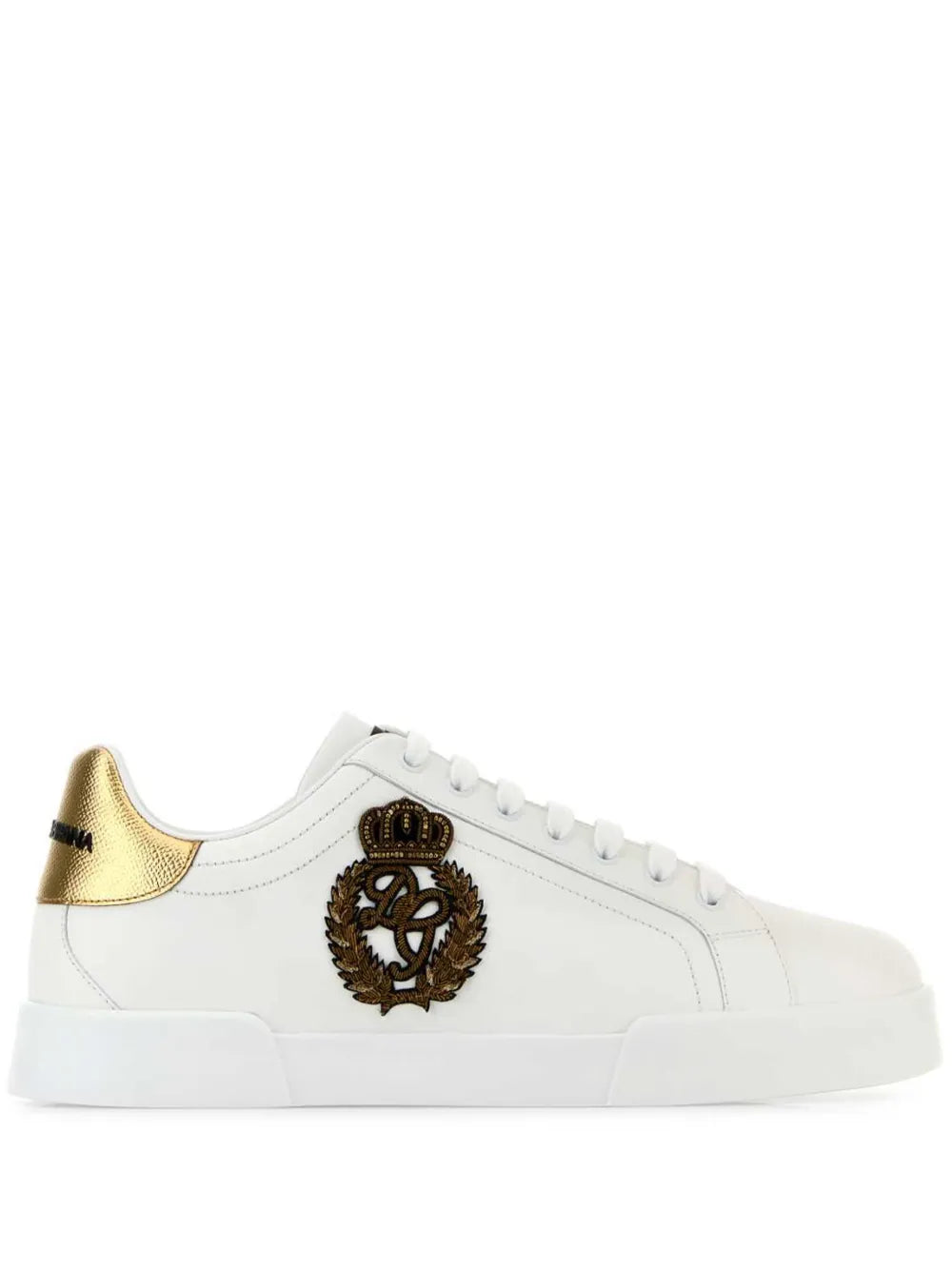 White lace-up sneakers with gold heel tab and crest emblem