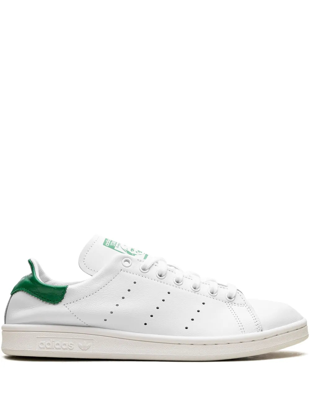 White leather lace-up sneaker with green heel tab and perforated toe