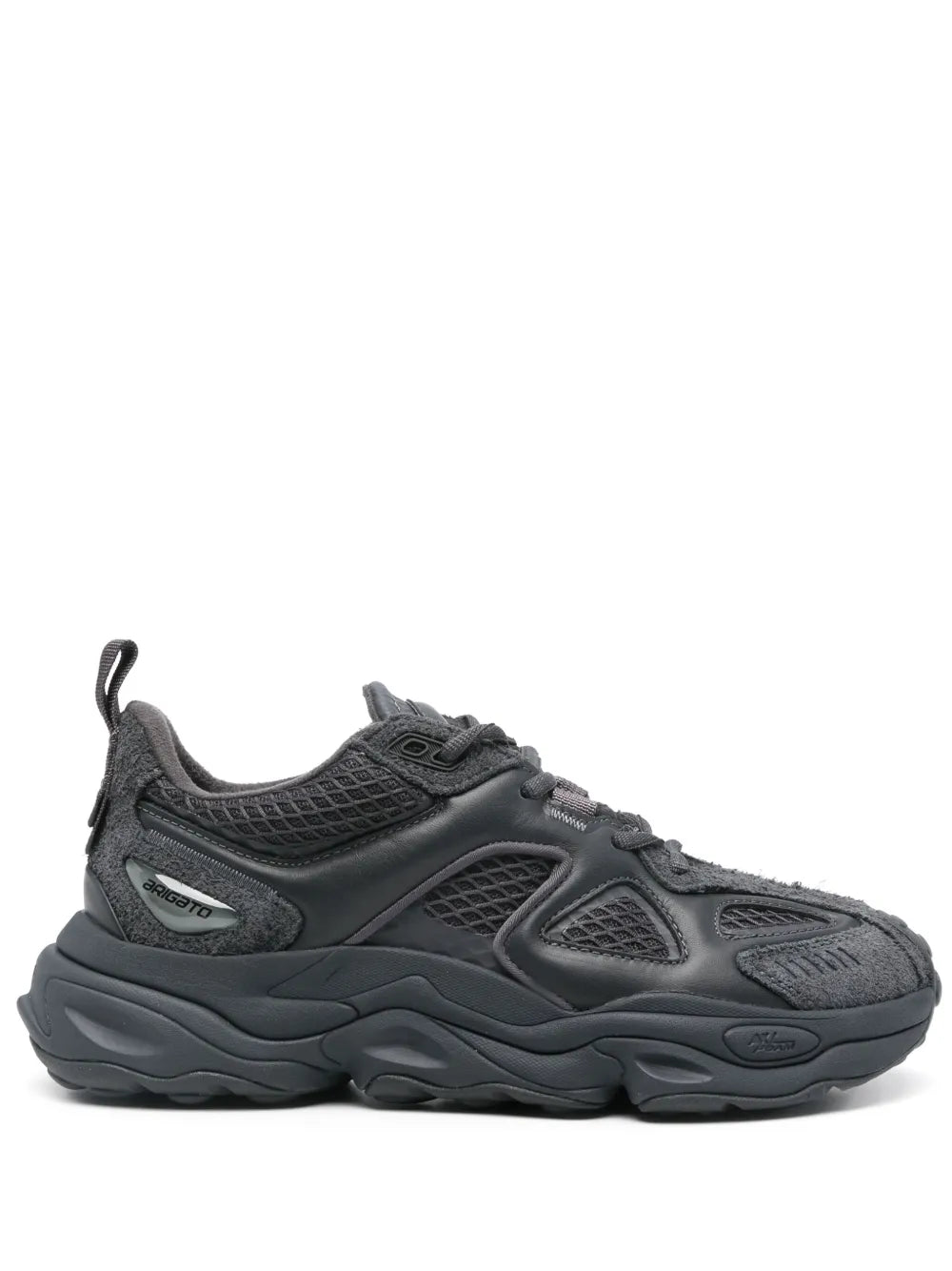 Black lace-up runner sneakers with textured mesh panels and chunky cushioned sole