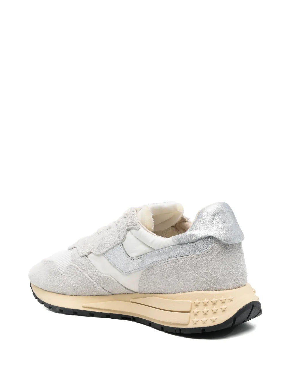 Autry lace-up sneakers heel and side view, white upper with light gray overlay, beige sole