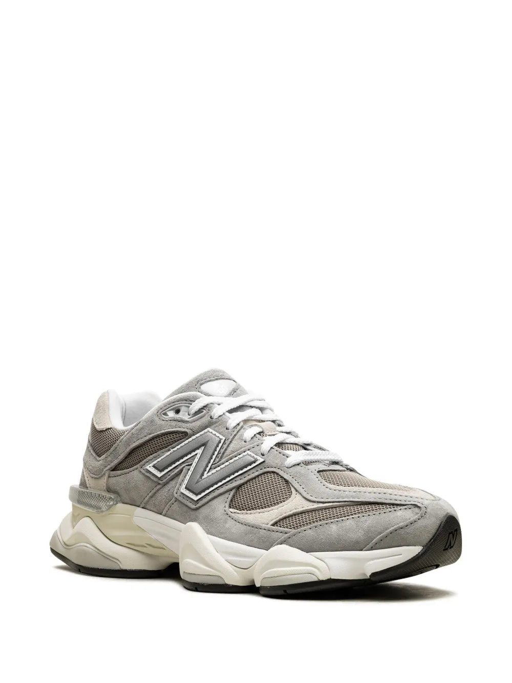 New Balance 9060 sneakers, grey upper with N logo, front/side view
