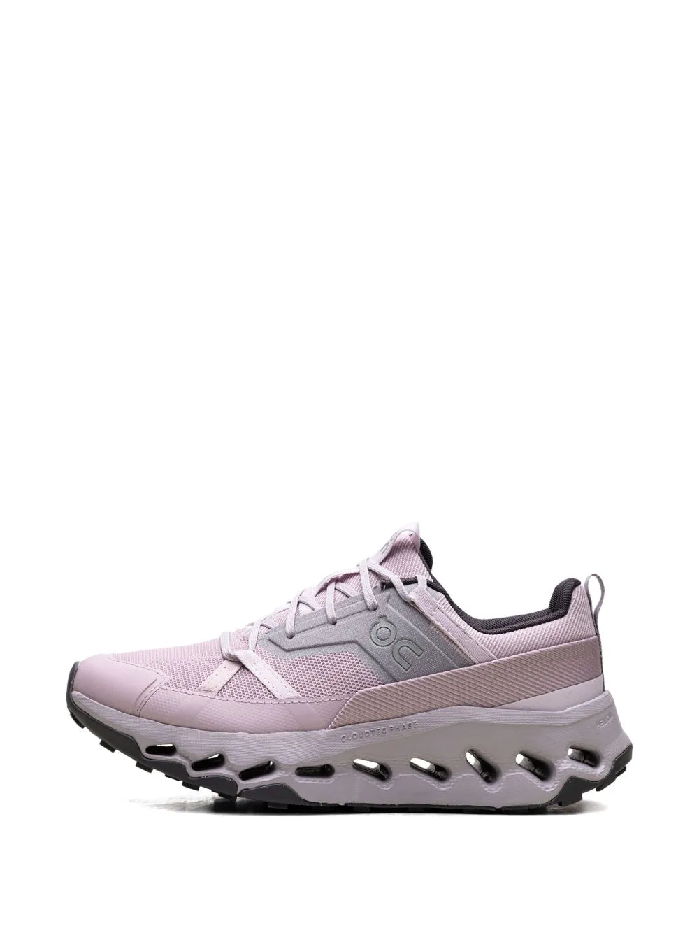 Pink lace-up running shoe front view with padded tongue and rugged outsole pods