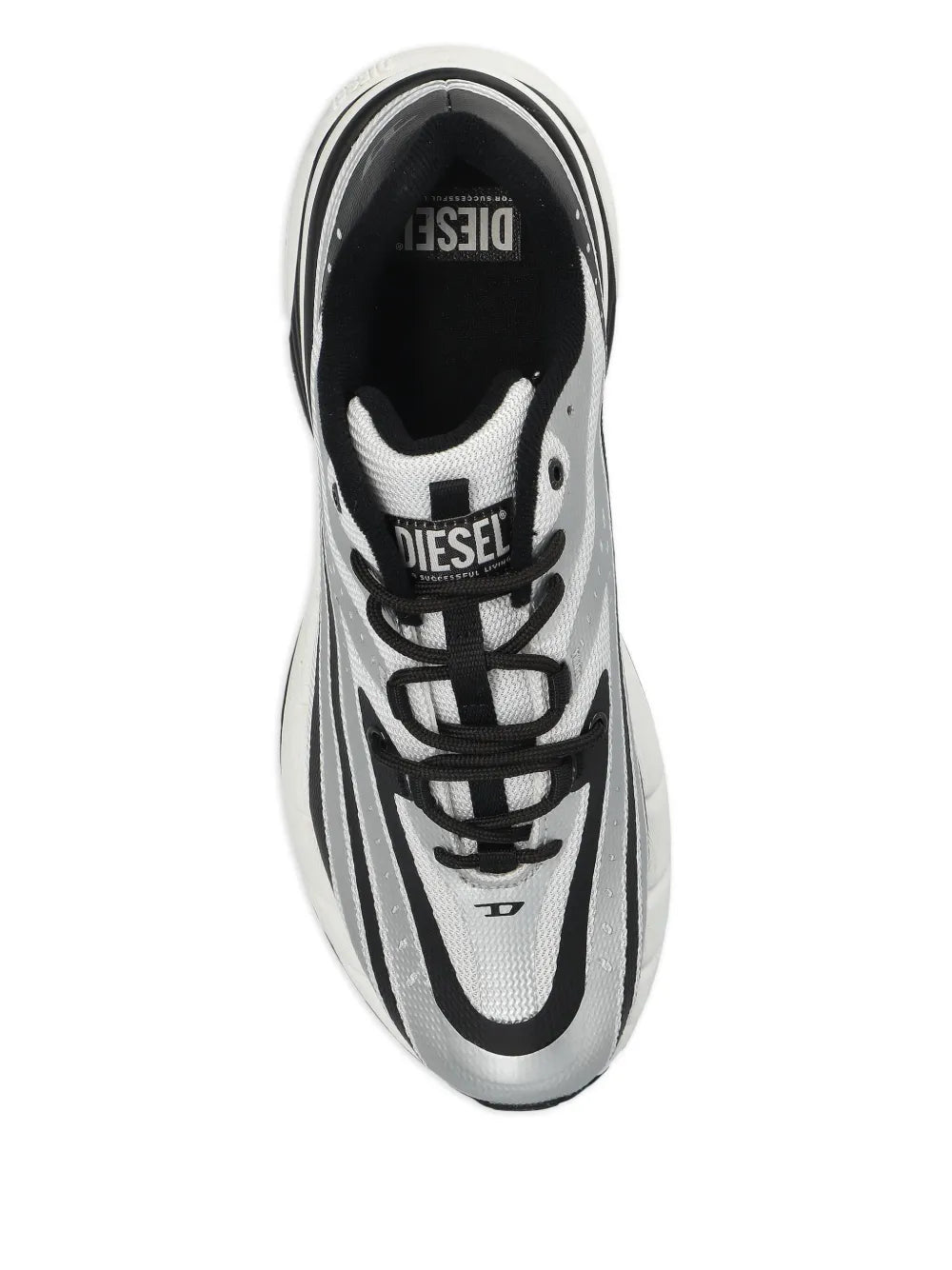 Silver-tone sneaker with black laces, lace-up eyelets, and DIESEL branding