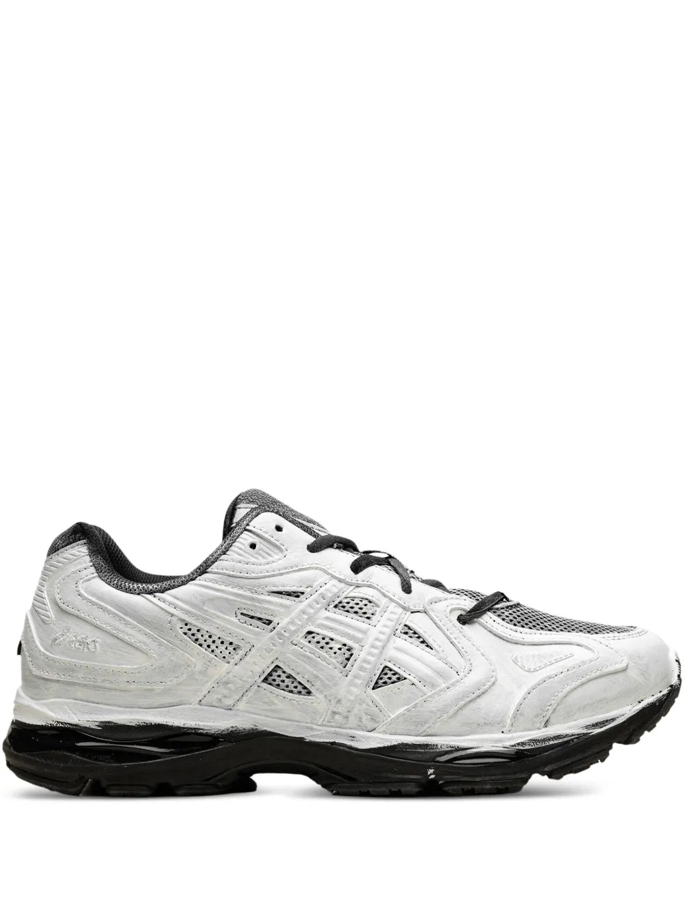 White lace-up running sneakers with black gel sole and black heel collar.