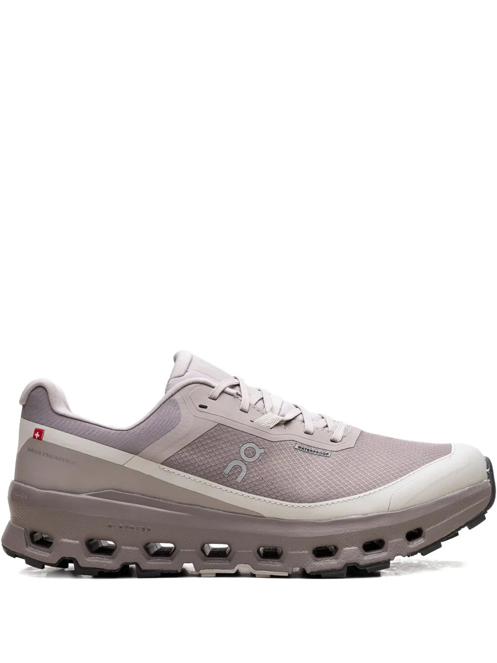 Waterproof running shoe, light grey lace-up with CloudTec-style rubber outsole