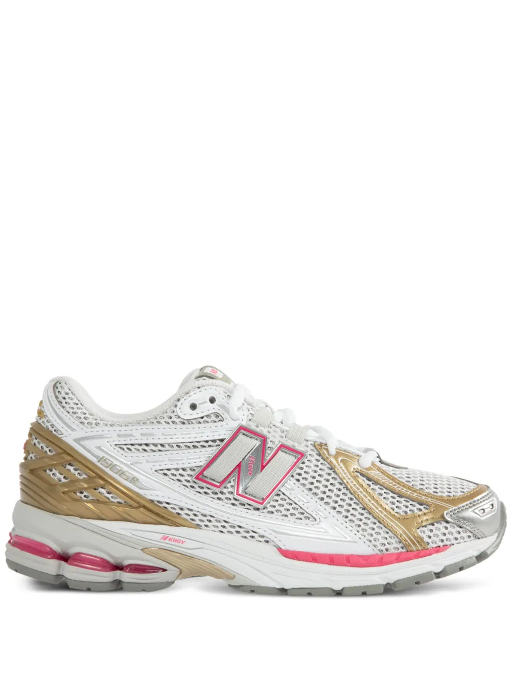 New Balance 1906R sneakers with white mesh, gold overlays, pink N logo, chunky sole