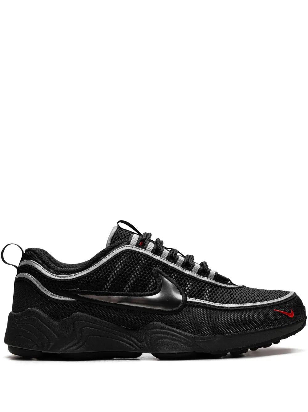 Black mesh lace-up running sneaker with Nike Swoosh and red accent, chunky sole