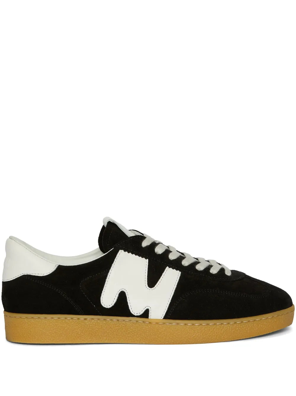 Msgm black suede sneakers with white logo panel and lace-up front, gum sole