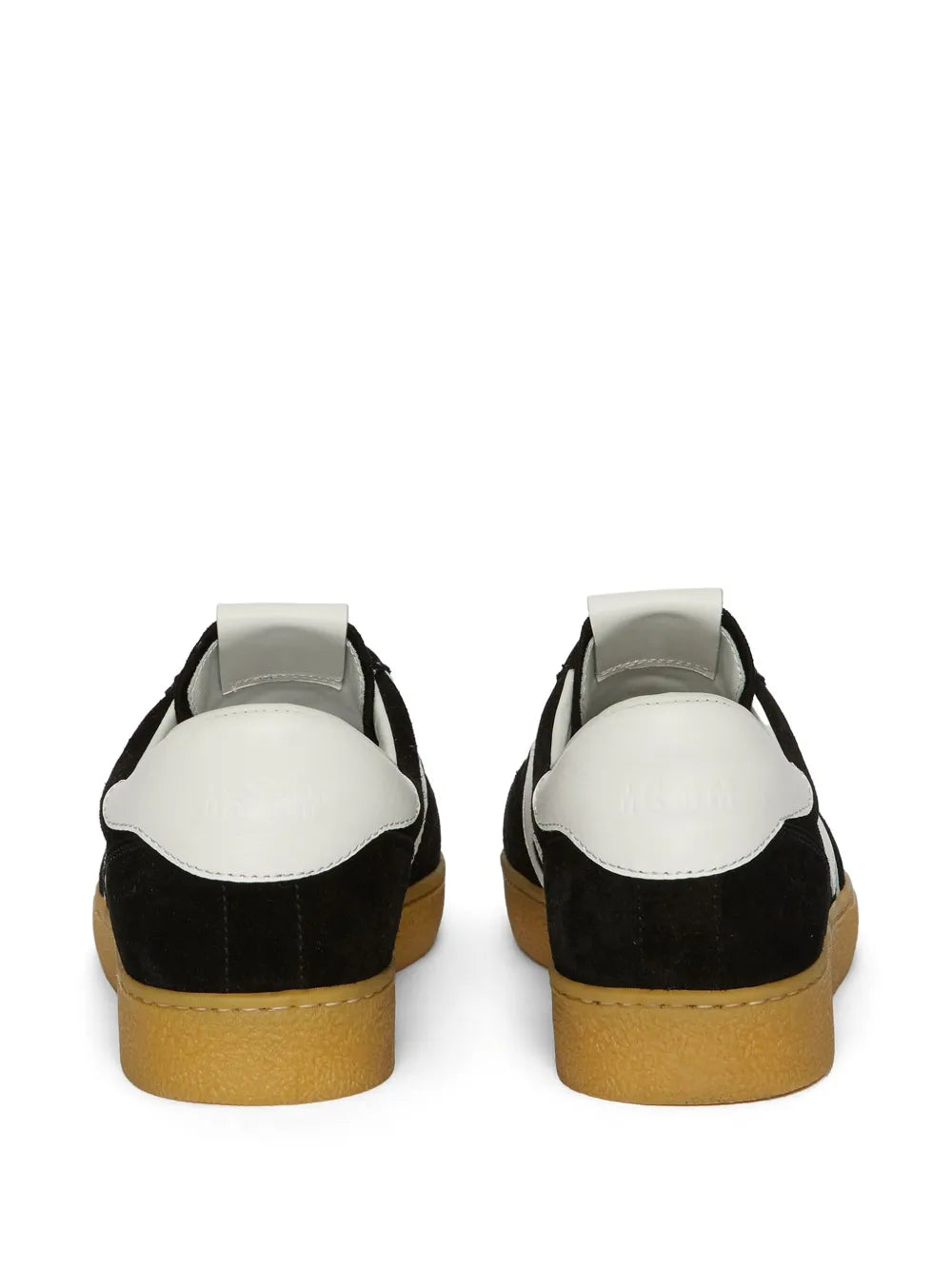 Black suede sneakers with white heel tab, lace-up closure, gum outsole