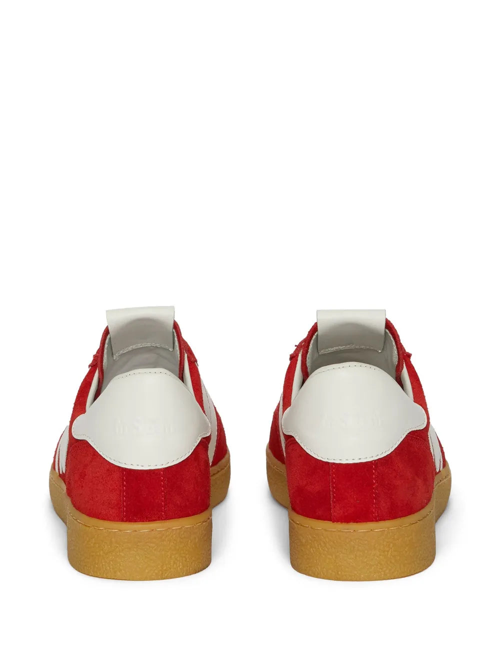 Red retro sneakers with white heel tab and tan gum sole, rear view