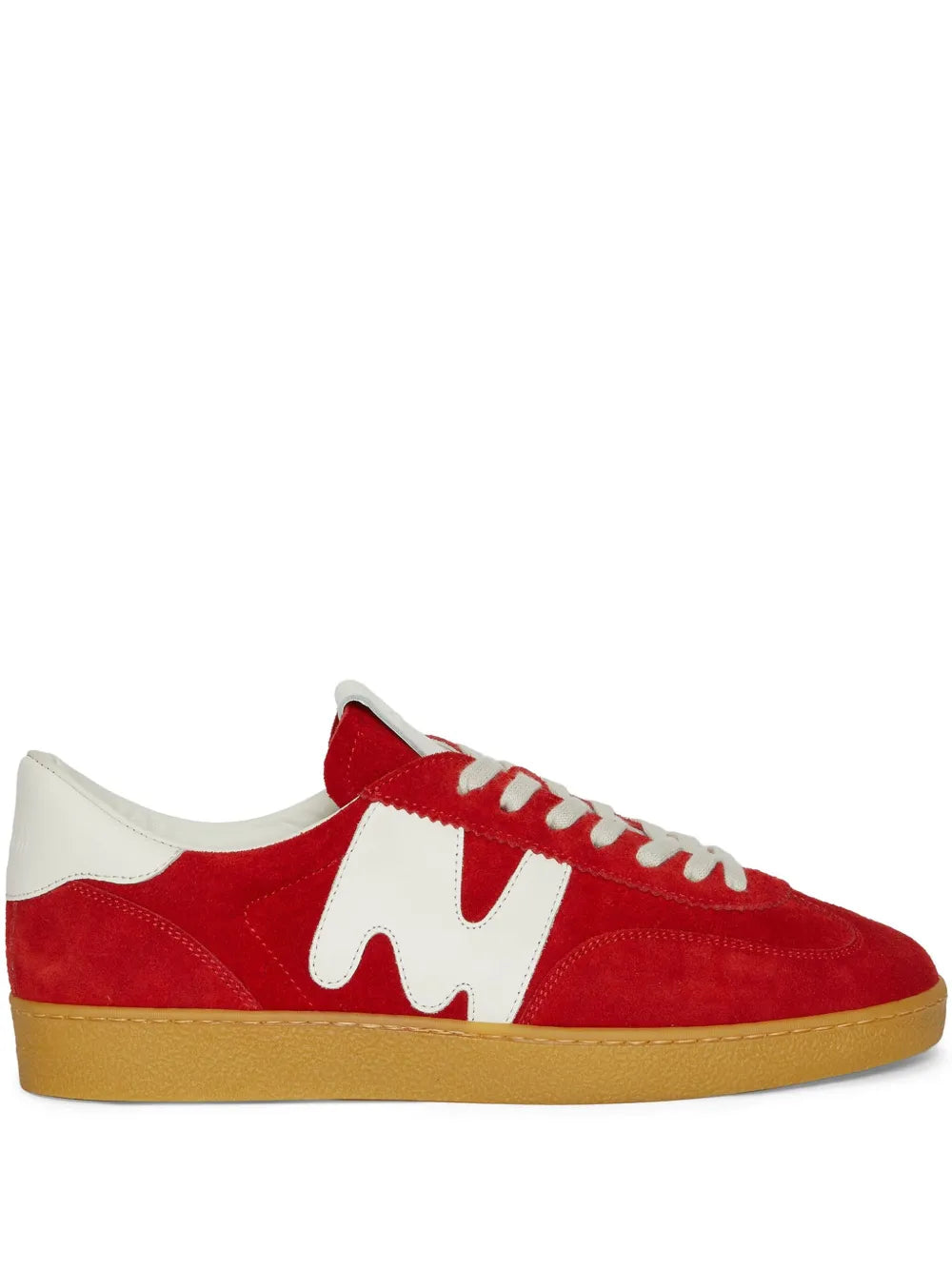 Red retro sneakers with white logo, white laces, tan gum sole