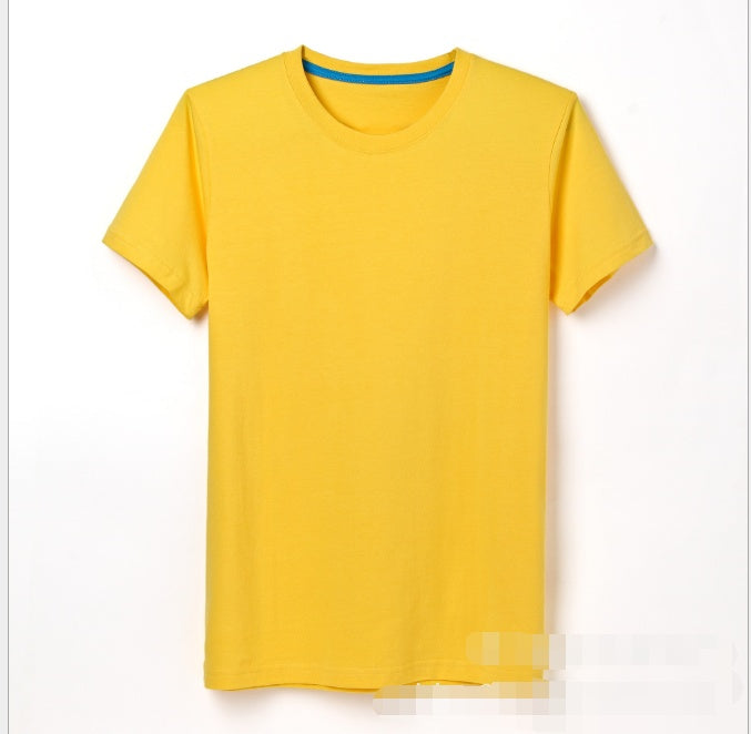 Men's crew-neck yellow T-shirt with teal collar trim
