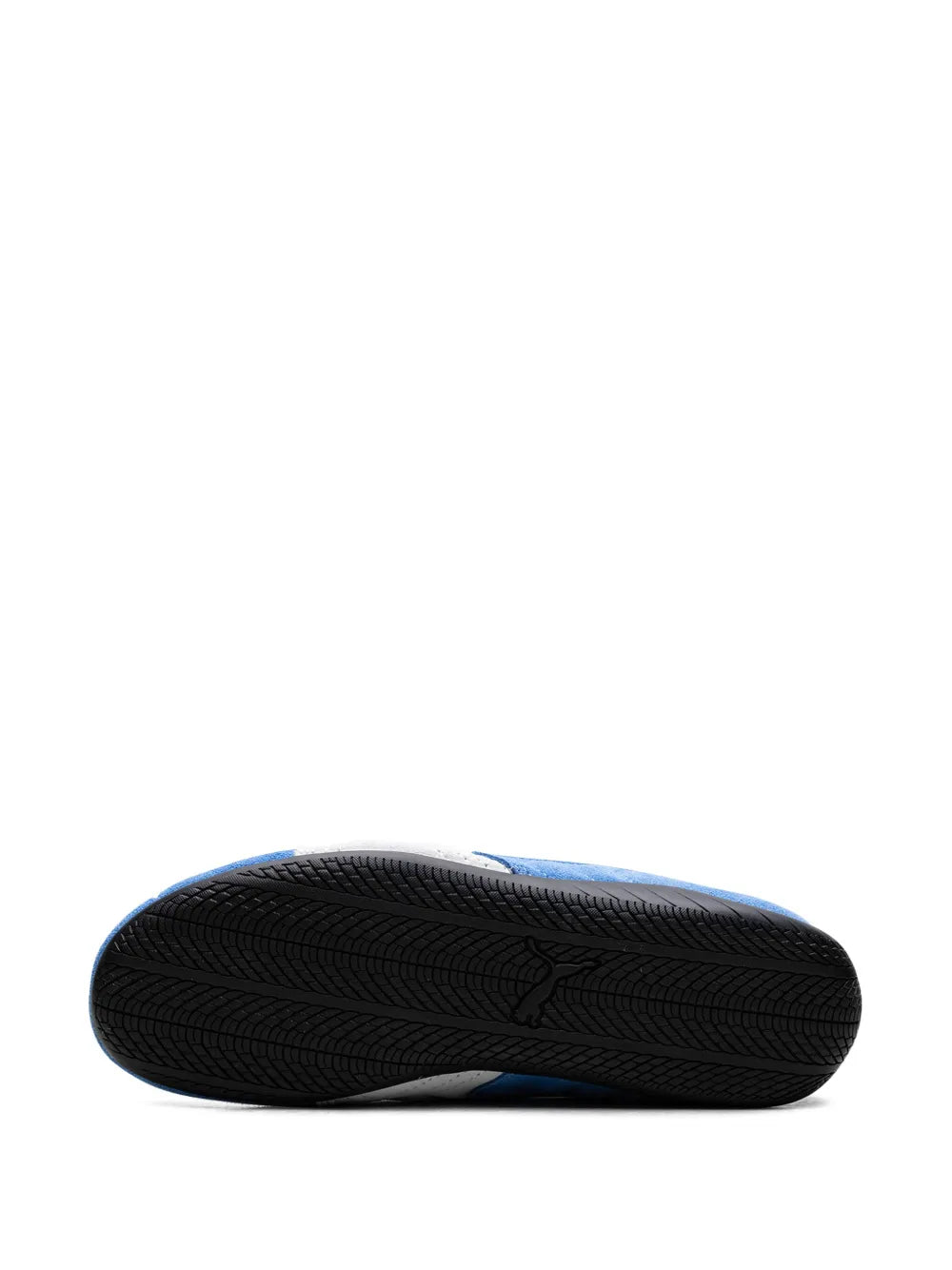 Black rubber outsole for blue and white low-top sneakers