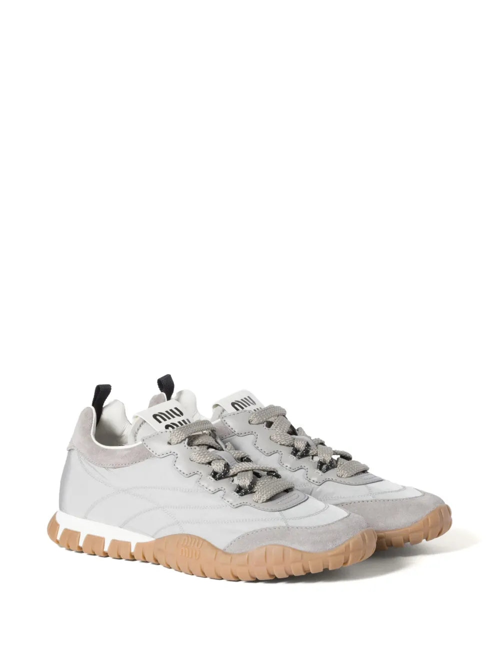 Grey lace-up trainer with chunky rubber sole, woven details and heel tab