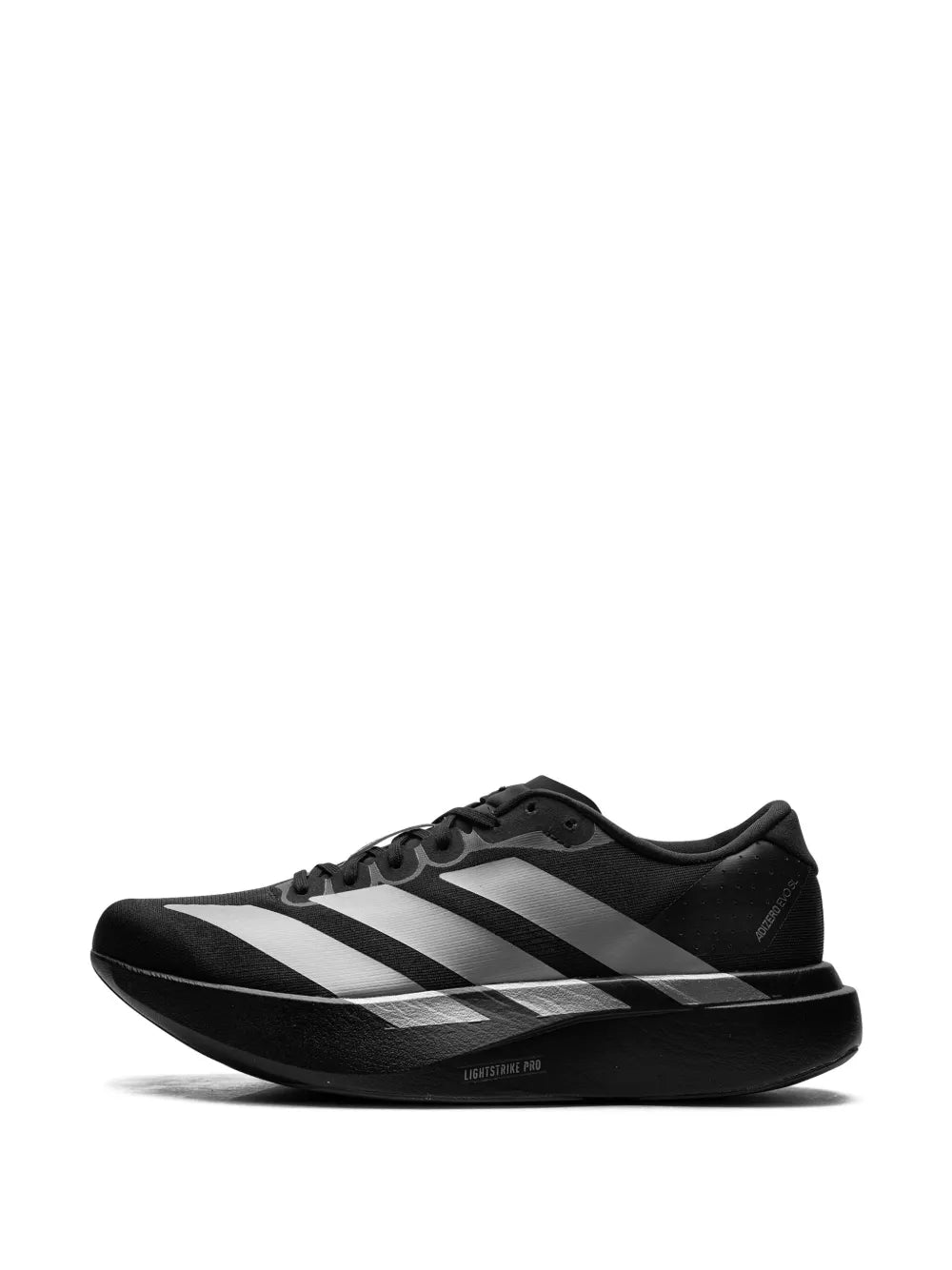 Black running shoes, lace-up, 3-stripe detail on upper